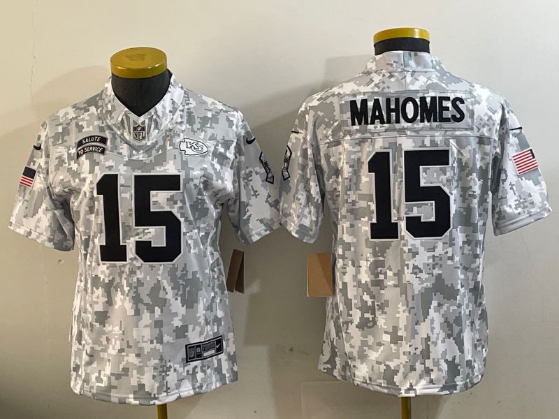 Women Kansas City Chiefs #15 Mahomes Nike Arctic Camo 2024 Salute to Service Limited NFL Jersey